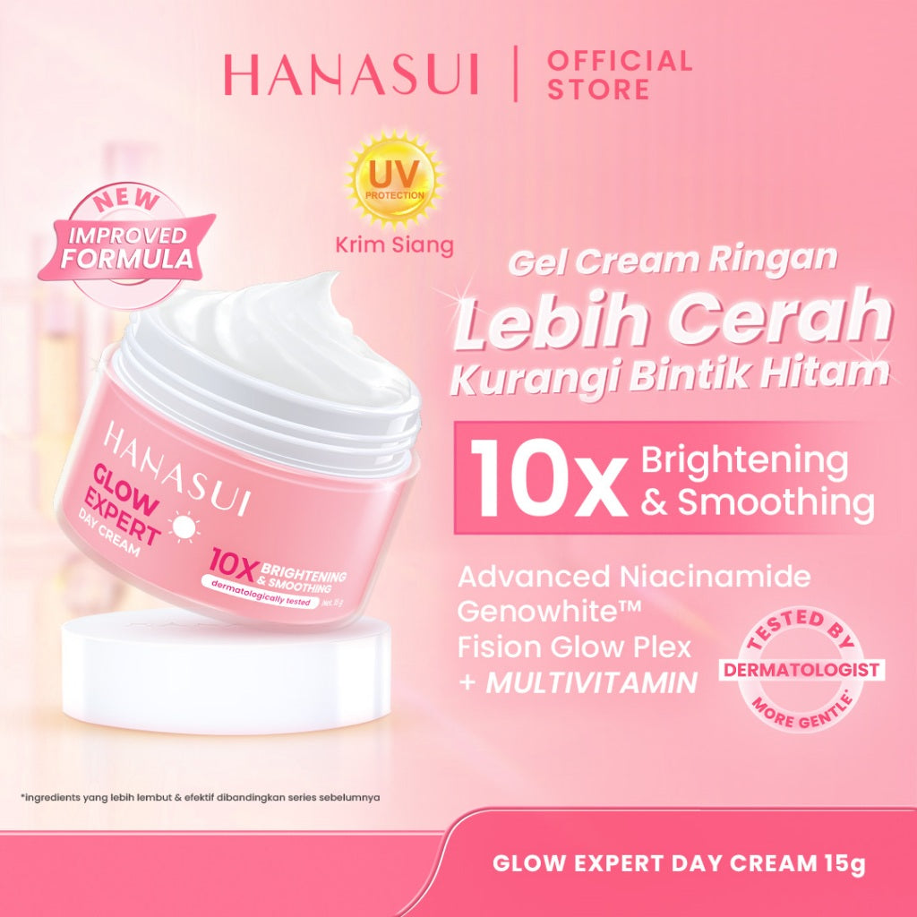 Hanasui Glow Expert Day Cream New Improved Formula - Gel Cream Ringan No Whitecast Mencerahkan & Kurangi Bintik Hitam - Niacinamide & Genowhite