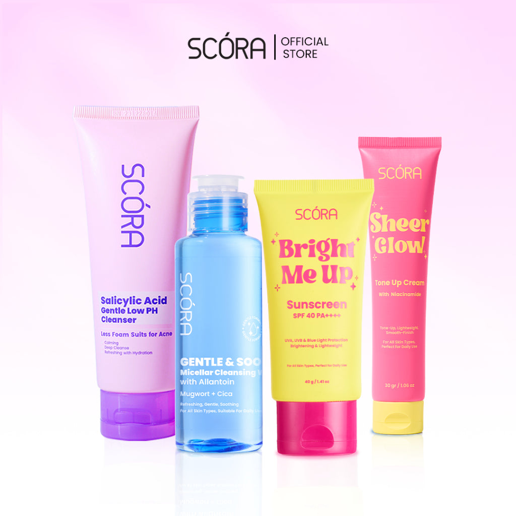 SCORA Bright Me Up Sunscreen 40 Gr + SCORA Gentle and Soothe Micellar Cleansing Water 100ML + Scora Sheer Glow Tone Up Cream 30 mL + SCORA Gentle Low pH Cleanser 100ml
