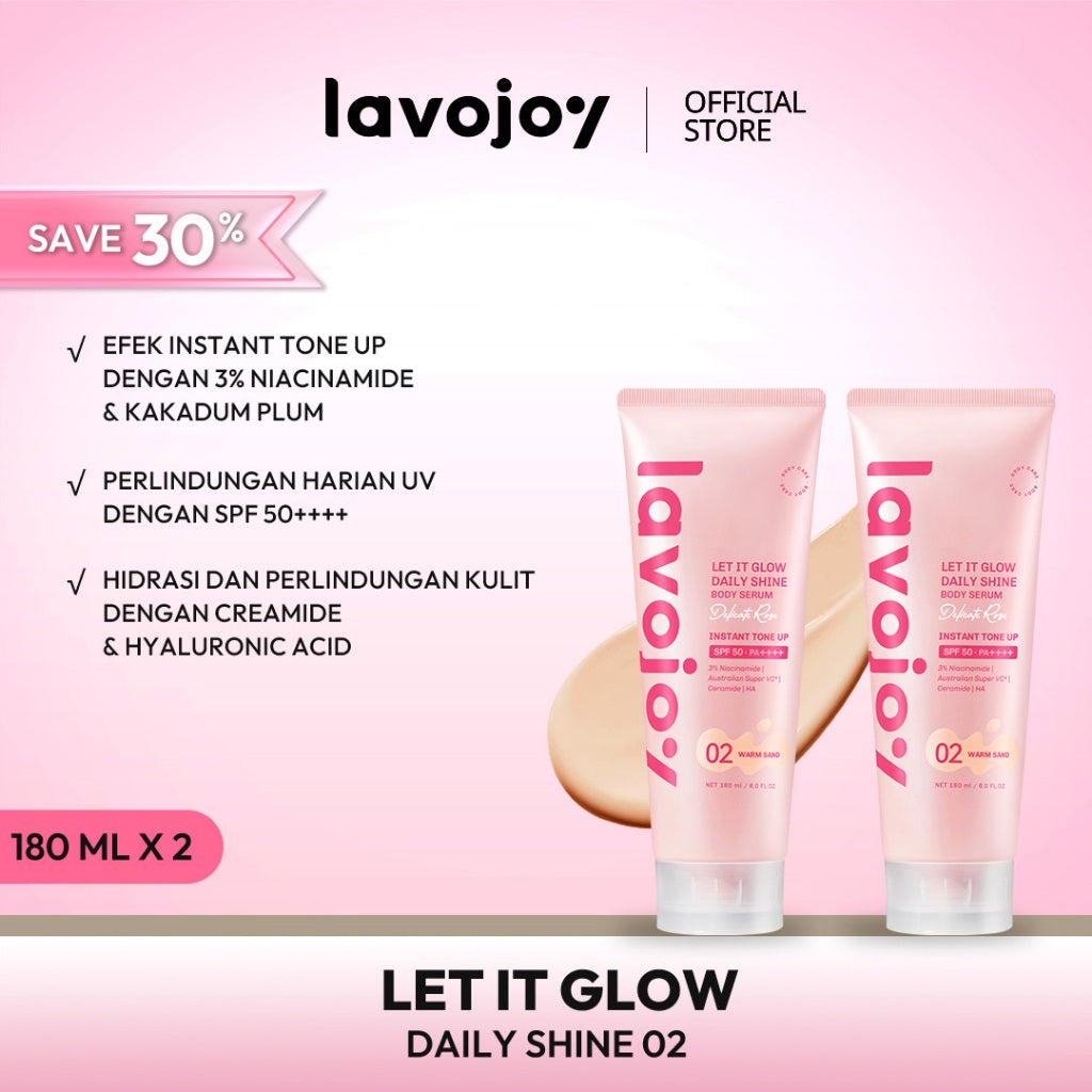 [TONE UP SHADE 02] Lavojoy Let It Glow Daily Shine Body Serum Instant Tone Up Delicate Rose with SPF 50 PA++++|Shade 02 Warm Sand|Body Serum untuk Perlindungan Sinar UV|Mencerahkan Seketika & Melembapkan Kulit dengan 3% Niacinamide + Australian Super VC