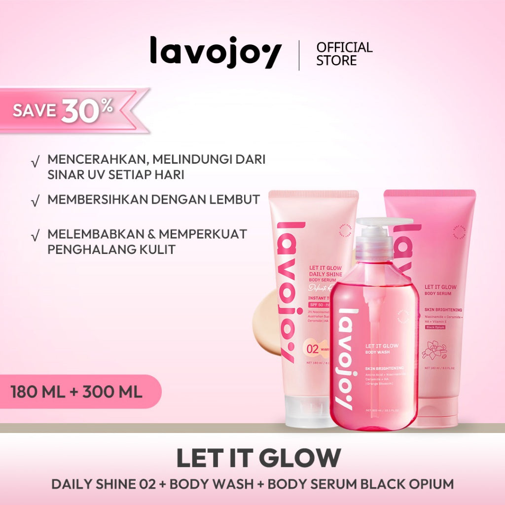 [BRIGHTENING SET] Lavojoy Let It Glow Body Serum Skin Brightening + Body Serum Instant Tone Up SPF 50 PA++++ Body Wash Skin Brightening Upgraded Version 3 in 1 Bundle Set | Mencerahkan dan Melembabkan kulit | Fresh dan Elegant