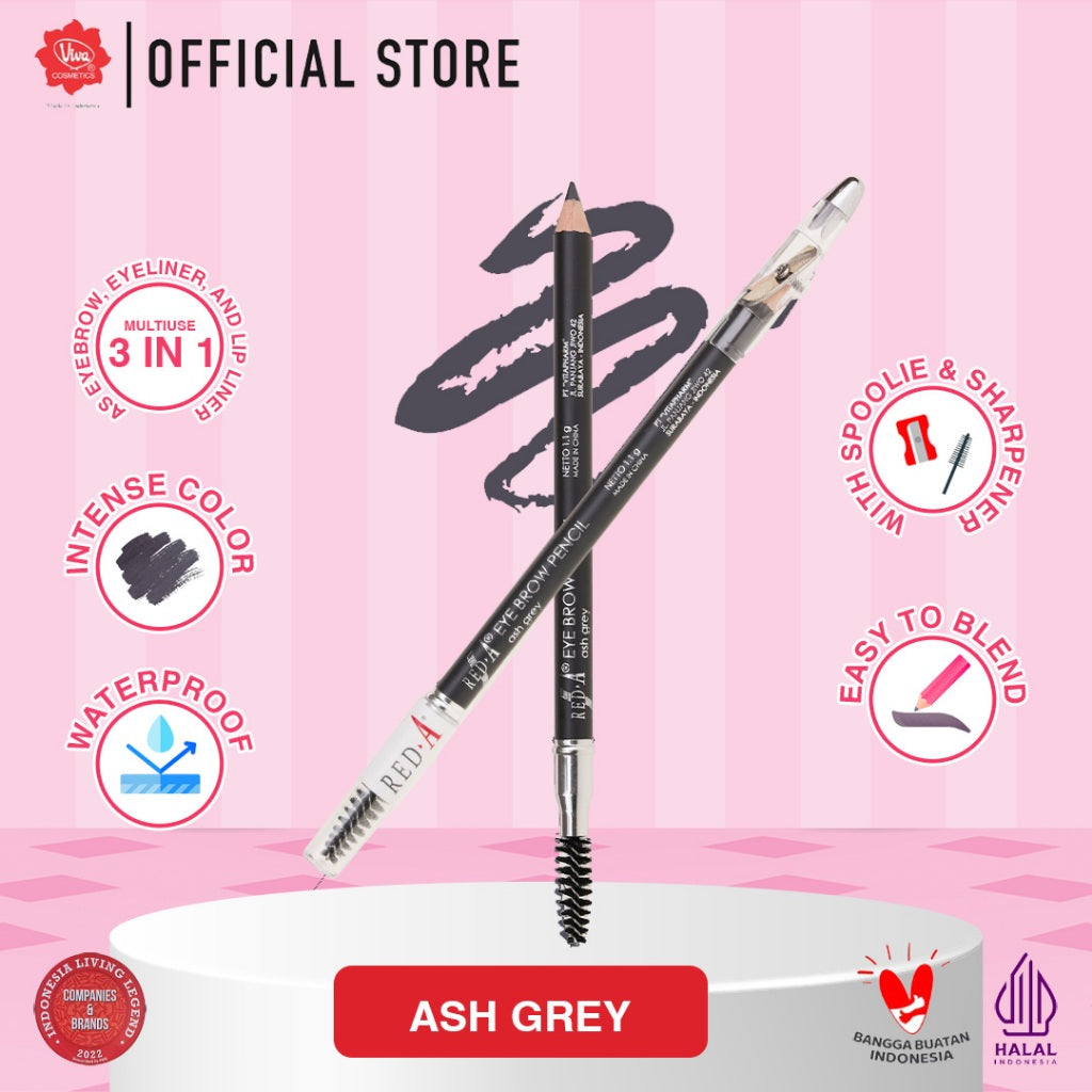 Red-A 3-in-1 Eye Brow Pencil with Spoolie & Sharpener - WATERPROOF, BLENDABLE, MULTIUSE (Tersedia 3 Varian Warna)