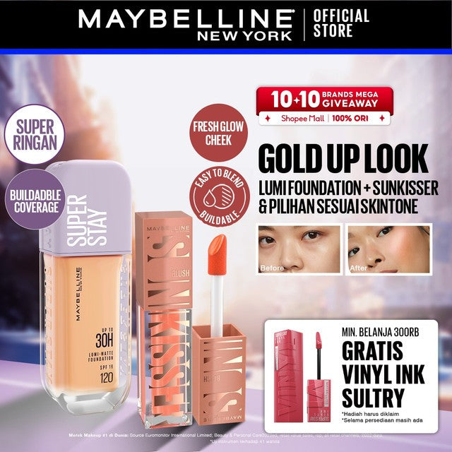 MAYBELLINE OFFICIAL Gold Up Bundle Superstay Lumi Matte Liquid Foundation + Sunkisser Liquid Blush Highlighter | Full coverage transferproof Waterproof ringan makeup tahan lama blendable buildable