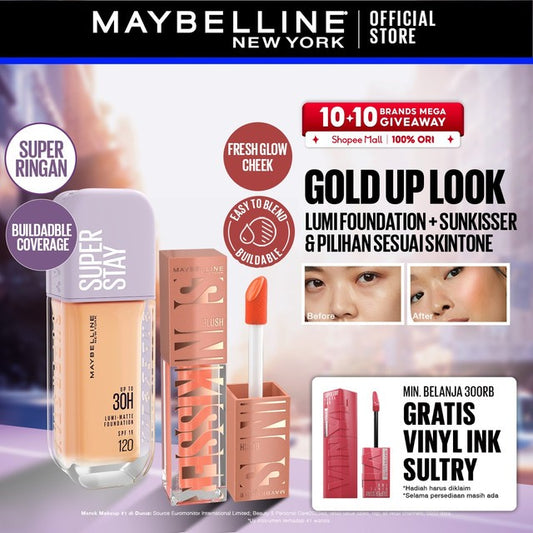 MAYBELLINE OFFICIAL Gold Up Bundle Superstay Lumi Matte Liquid Foundation + Sunkisser Liquid Blush Highlighter | Full coverage transferproof Waterproof ringan makeup tahan lama blendable buildable