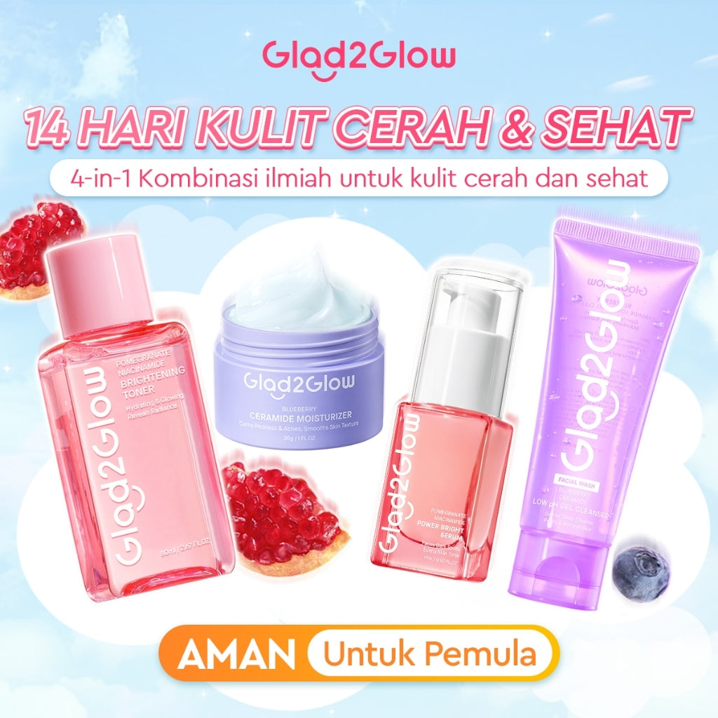 [SET REPAIR&GLOWING]Glad2Glow Glowing&Sehat&Lembap Bundle 4in1-Blueberry Moisturizer+Cerah Krim+Brightening Serum+Pulihkan cleanser+eksfoliasi Toner-skincare Beauty Sets&Packages cream pemutih wajah facial wash eksfoliasi wajah peeling