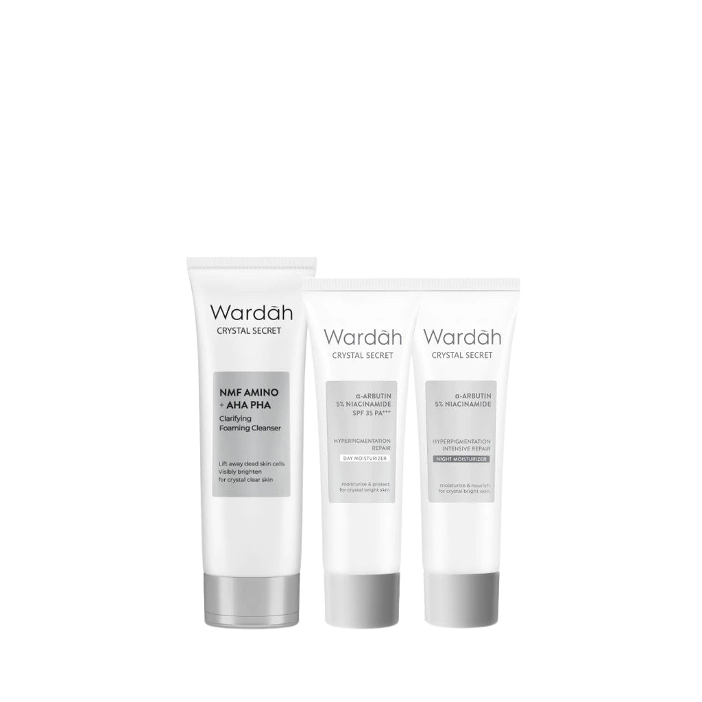 WARDAH Paket Crystal Secret Lengkap - NMF Amino + AHA PHA Clarifying Foaming Cleanser 100 m, a-Arbutin 5% Niacinamide Day Moisturizer 15 g, Bright-Peptide™ 5% Niacinamide Night Moisturizer 15 g - Perawatan Kulit Wajah Sebening Kristal - Skincare