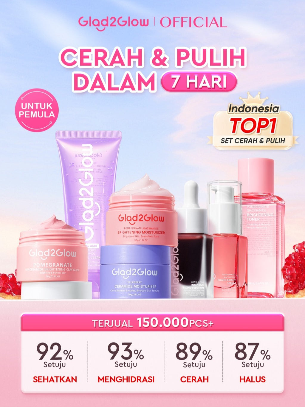 Glad2Glow Cerah&Pulihkan Bundle all in 1 7in1 Glowing skincare Brightening Set-Pulihkan/Cerah Krim+Cerah/kulit halus Serum+Pulihkan cleanser+Cerah Toner whitening Moisturizer facial wash Pelembab skincare 1 set lengkap G2G glad2glow official store