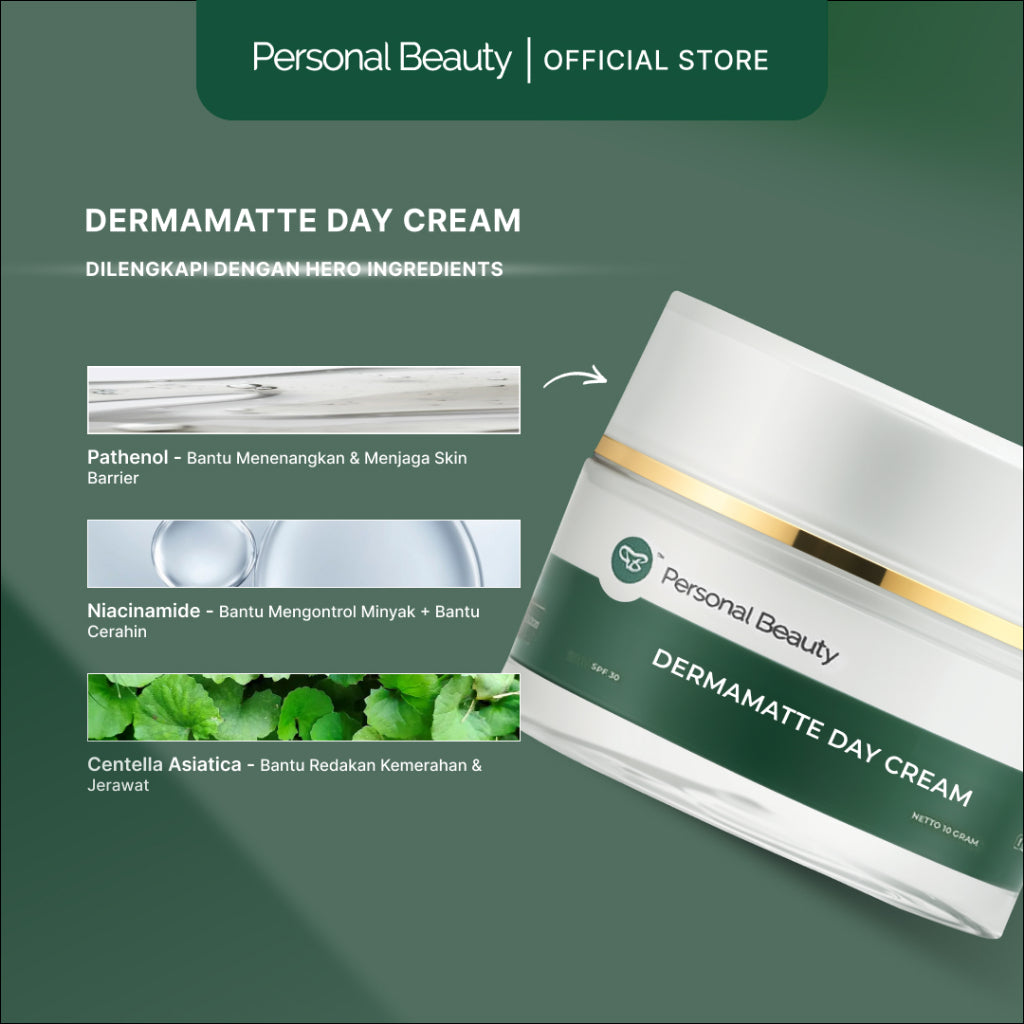 Dermamatte Day Cream Personal Beauty – Krim Siang untuk Kulit Berminyak, Bruntusan & Jerawat | Matte Finish | Personal Beauty