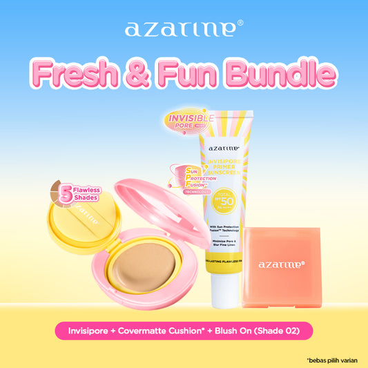Azarine Fresh & Fun Bundle [3 PCS] Invisipore Primer Sunscreen SPF 50 PA++++ Primer Makeup Pore Blurring Tahan Lama + Sunscreen Cushion SPF50+ PA++++ Cushion Tahan Lama Flawless Matte Finish + Blush On Mango Tango