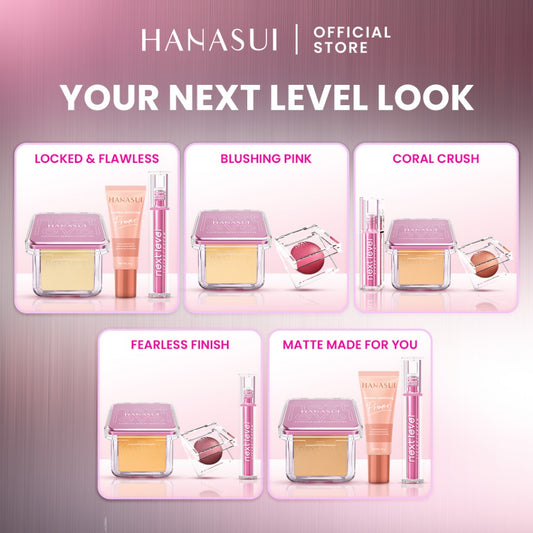 Hanasui Your Next Level Look – Bundle Makeup Lengkap & Tahan Lama Untuk Tampilan Flawless | Next Level Powder Foundation Primer Liplast Bouncy Blush Blurry Tint