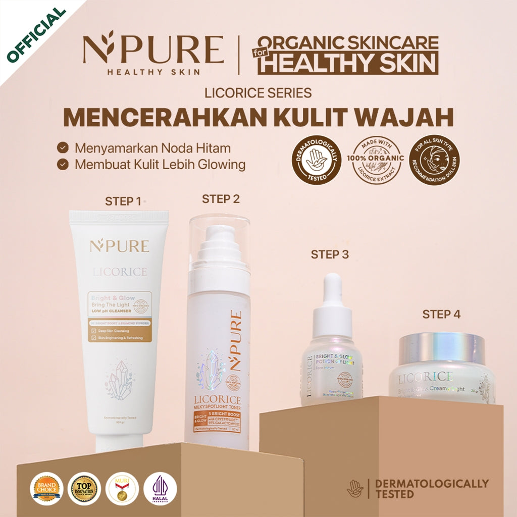 PAKET 4PCS - NPURE Paket Face Wash + Toner + Serum + Moisturizer Cica Acne - Marigold Anti Aging - Noni Sensitive - Licorice Brightening and Glowing Cleanser Mencerahkan Gatal Wajah Treatment Facial Hydrating