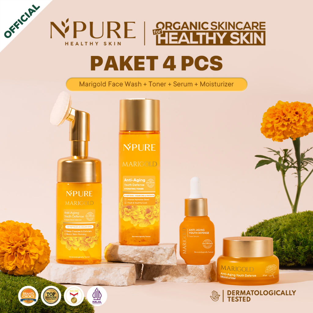 PAKET 4PCS - NPURE Paket Face Wash + Toner + Serum + Moisturizer Cica Acne - Marigold Anti Aging - Noni Sensitive - Licorice Brightening and Glowing Cleanser Mencerahkan Gatal Wajah Treatment Facial Hydrating