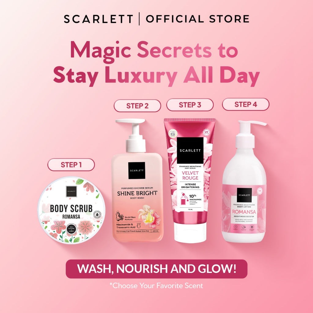 SCARLETT Perfumed Shower Serum 400ml – Shine Bright | Brightening Shower Gel dengan Niacinamide & Tranexamic Acid | Sabun Mandi Cair Mencerahkan Kulit Kusam, Menyamarkan Noda | Kulit Glowing dengan Wangi Parfum Mewah Kelas Dunia