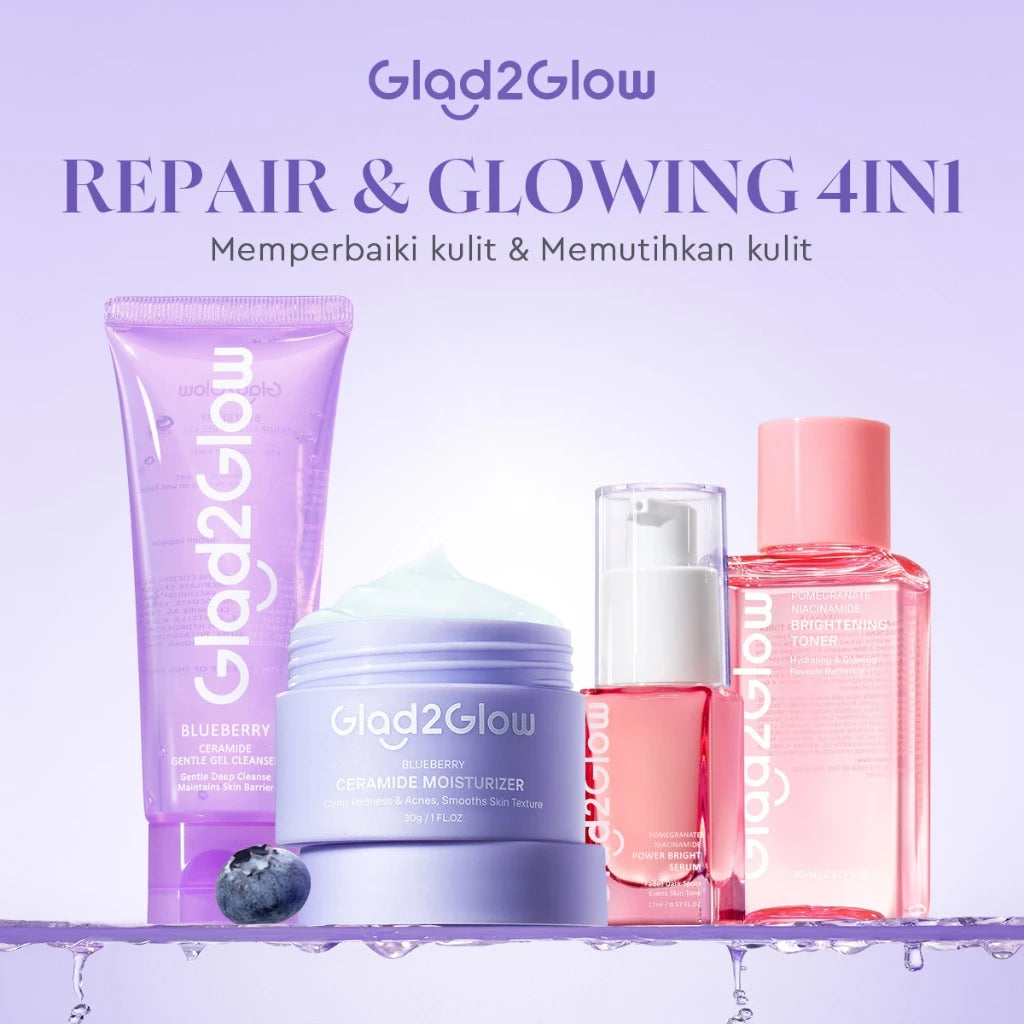 [SET REPAIR&GLOWING]Glad2Glow Glowing&Sehat&Lembap Bundle 4in1-Blueberry Moisturizer+Cerah Krim+Brightening Serum+Pulihkan cleanser+eksfoliasi Toner-skincare Beauty Sets&Packages cream pemutih wajah facial wash eksfoliasi wajah peeling