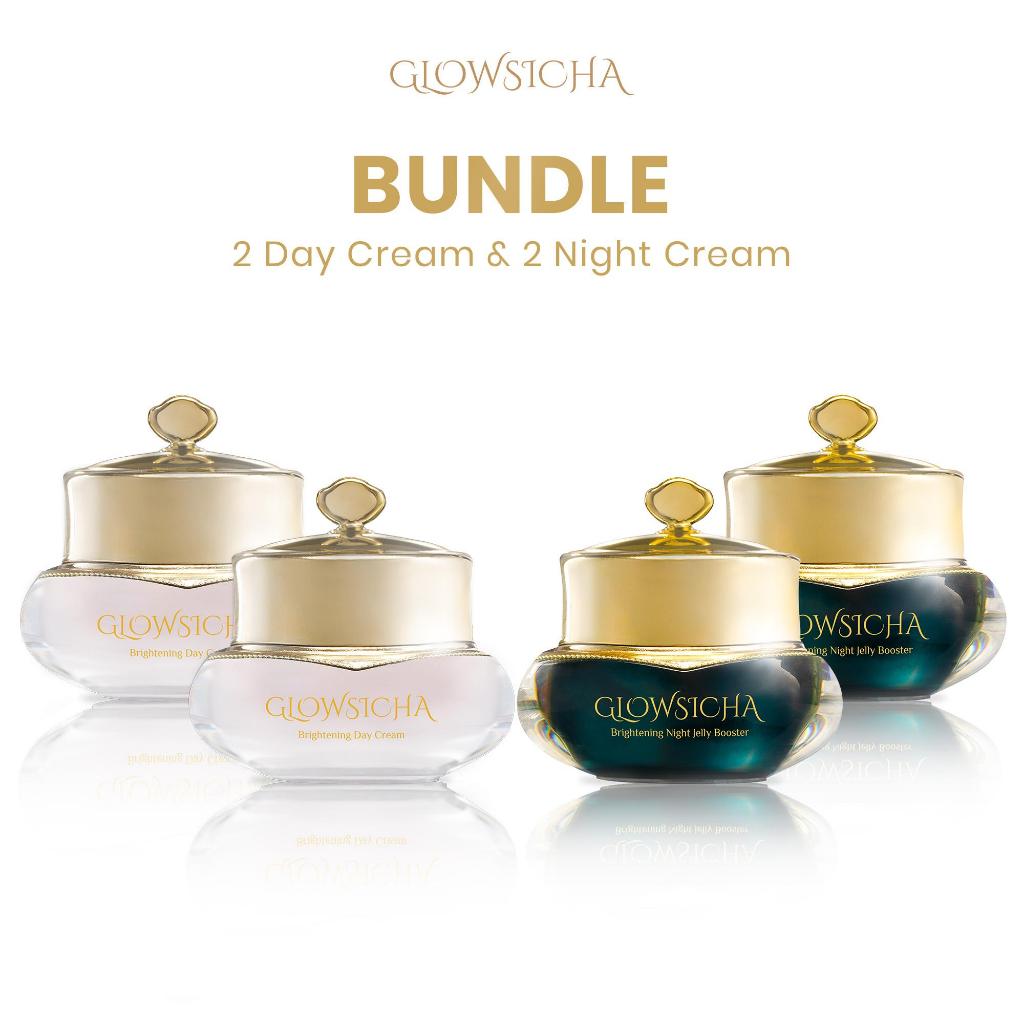 Glowsicha Bundle 6in1 (3pcs Day Cream + 3pcs Night Cream Jelly Booster) Krim Siang Malam Cerah Glowing Niacinamide UV Filter Gold Gel Cream Wajah Lembab Mencerahkan Skincare Harian Paket Lengkap Perawatan Wajah Krim Siang Malam Halus Lembut BPOM