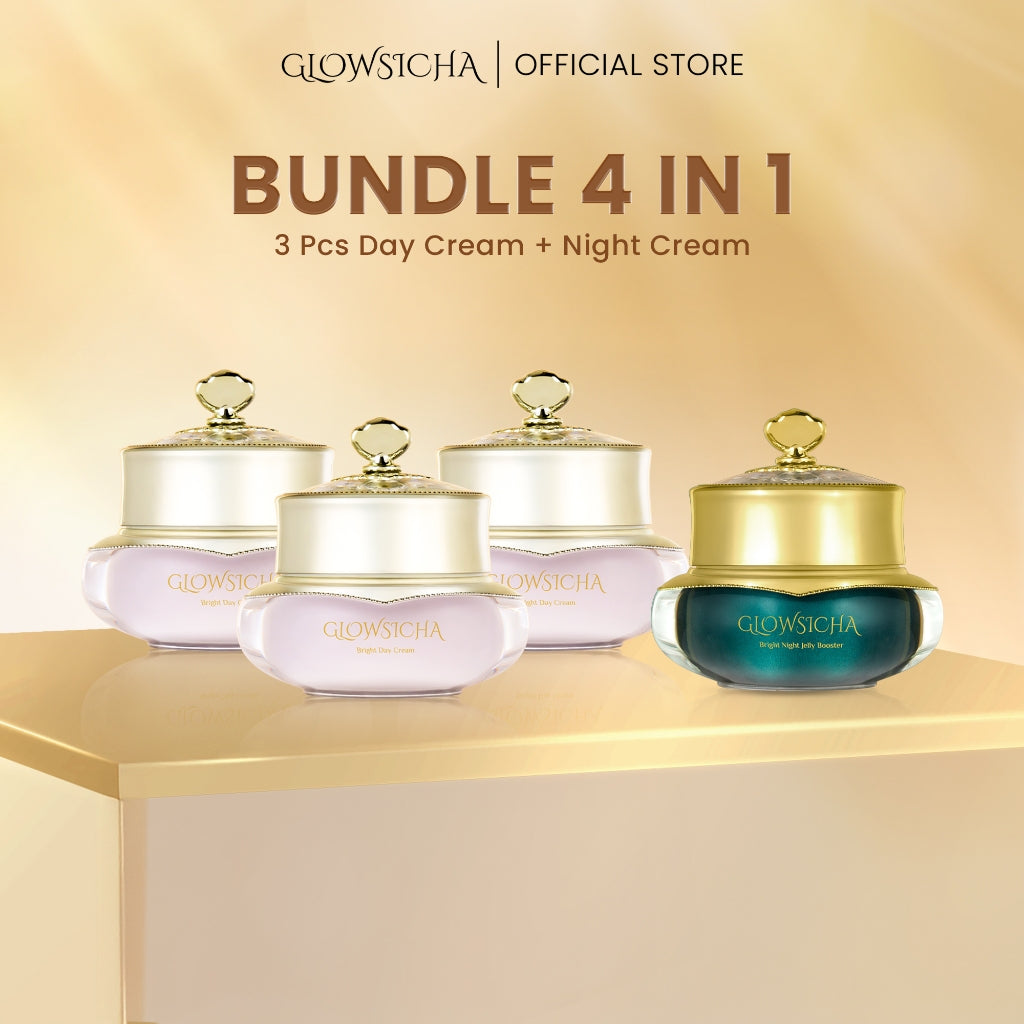 Glowsicha Bundle 6in1 (3pcs Day Cream + 3pcs Night Cream Jelly Booster) Krim Siang Malam Cerah Glowing Niacinamide UV Filter Gold Gel Cream Wajah Lembab Mencerahkan Skincare Harian Paket Lengkap Perawatan Wajah Krim Siang Malam Halus Lembut BPOM