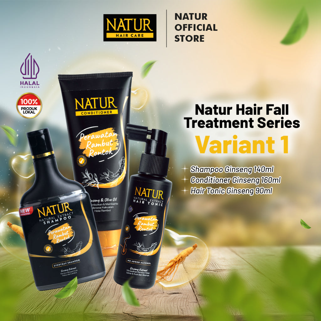 Natur Hair Fall Treatment - Paket Perawatan Haircare dengan Extract Ginseng dan Argan / Anti Hairfall (Anti Rambut Rontok) / Menguatkan serta memberi nutrisi / Vitamin Akar Rambut (Sampo, Hair Tonic, Conditioner) Shampoo & Conditioner