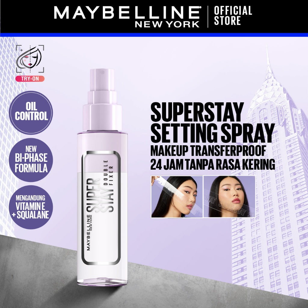 [BARU] MAYBELLINE OFFICIAL Superstay Double Fixer Setting Spray Transferproof Waterproof Oilproof Tahan Air Ringan Hydrating