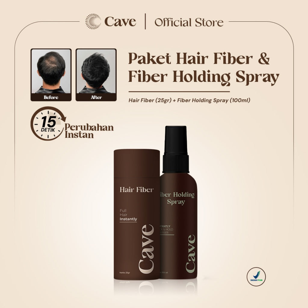 Cave Paket Hair Fiber 25 Gram & Fiber Holding Spray - Serbuk Penebal dan Pelebat Rambut Tipis Instan Penutup Kebotakan Tahan Lama