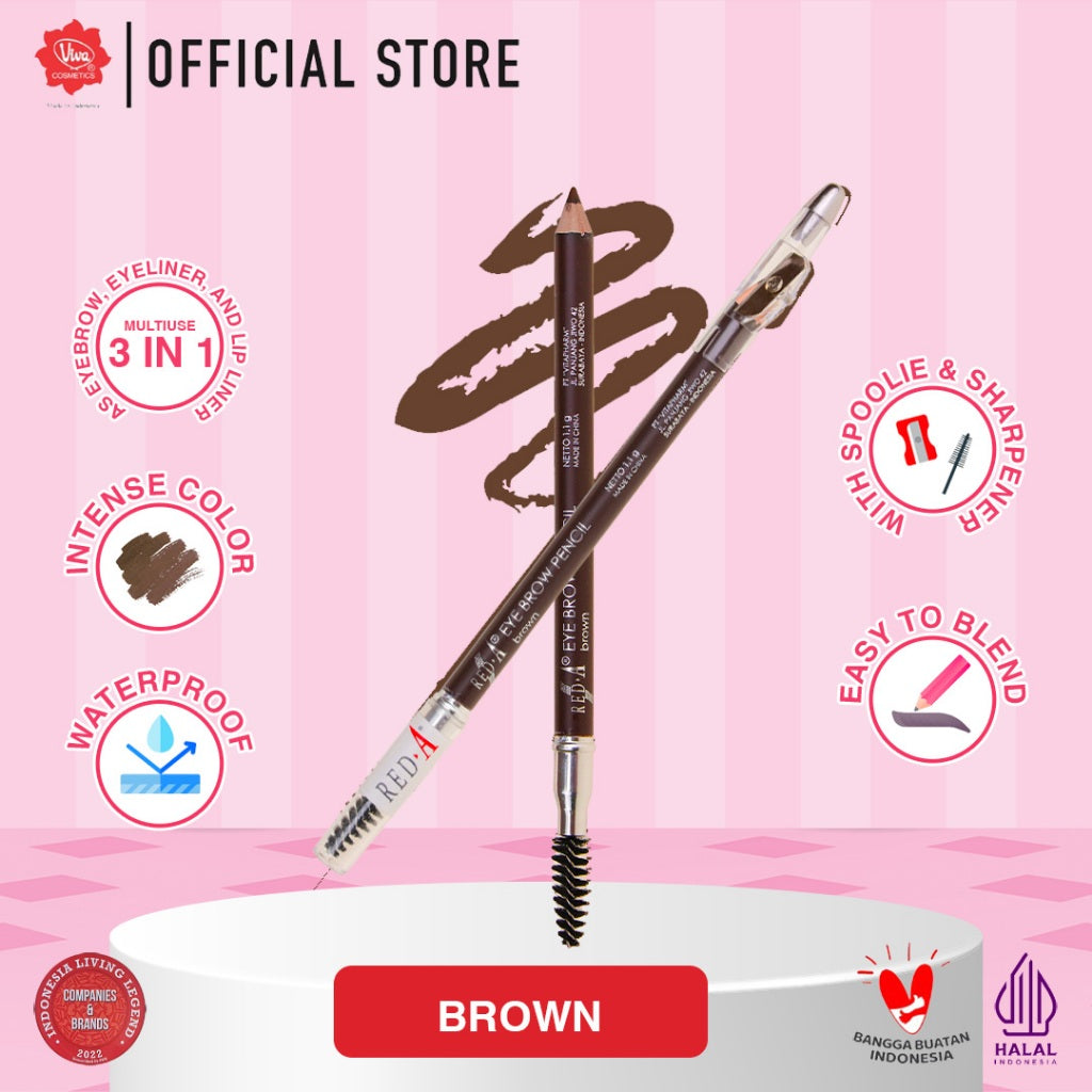 Red-A 3-in-1 Eye Brow Pencil with Spoolie & Sharpener - WATERPROOF, BLENDABLE, MULTIUSE (Tersedia 3 Varian Warna)