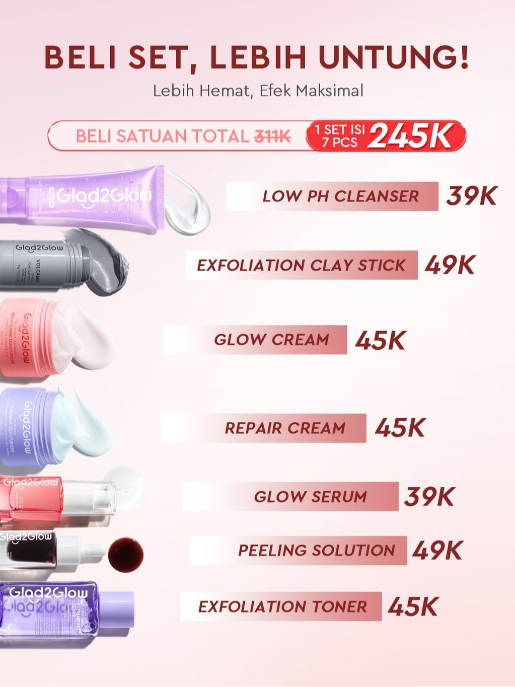 [HEMAT 60K]Glad2Glow Kulit Halus Bundle 7in1 eksfoliasi wajah Skincare Set-Pulihkan/Cerah Krim+Glowing Serum/Peeling Solution+ Cleanser+Eksfoliasi Toner-peeling whitening Moisturizer facial wash Pelembab skincare 1 set lengkap G2G glad2glow official store