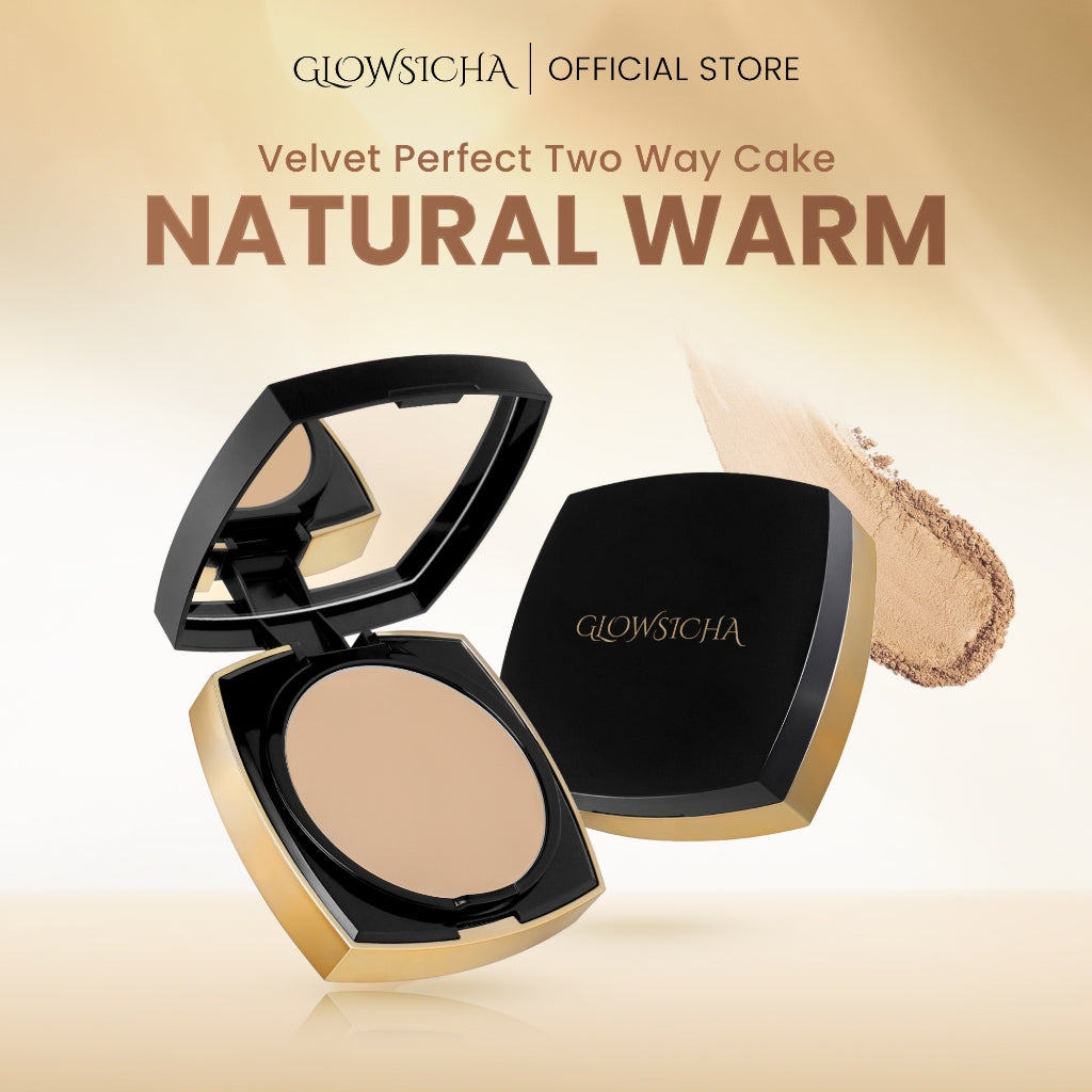 Glowsicha - Velvet Perfect Two Way Cake - Bedak Padat Mencerahkan Menyamarkan Noda Tahan Lama Ringan Glowing Matte Finish Anti Minyak Halus Lembut Cerah Merata Bedak Kulit Berminyak Makeup Harian Compact Powder Foundation