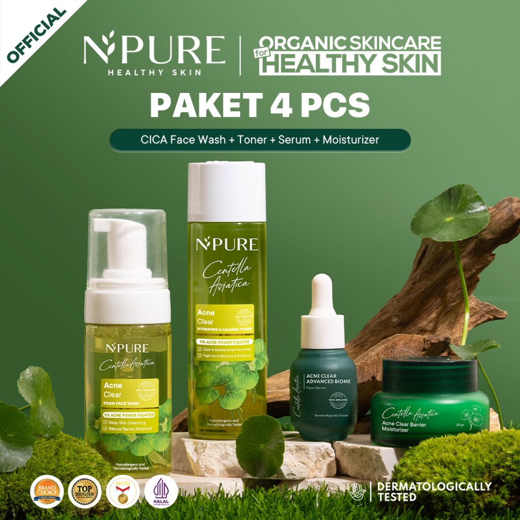 PAKET 4PCS - NPURE Paket Face Wash + Toner + Serum + Moisturizer Cica Acne - Marigold Anti Aging - Noni Sensitive - Licorice Brightening and Glowing Cleanser Mencerahkan Gatal Wajah Treatment Facial Hydrating