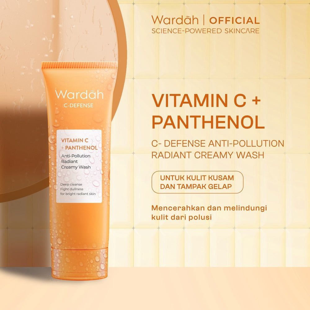 WARDAH C-defense Vitamin C + Panthenol Anti-Pollution Radiant Creamy Wash 100 ml - Facial Wash dengan Vitamin C + Panthenol - Pembersih Wajah untuk Membantu Kulit Tampak Lebih Cerah dan Terlindungi dari Polusi - Untuk Semua Jenis Kulit - Skincare