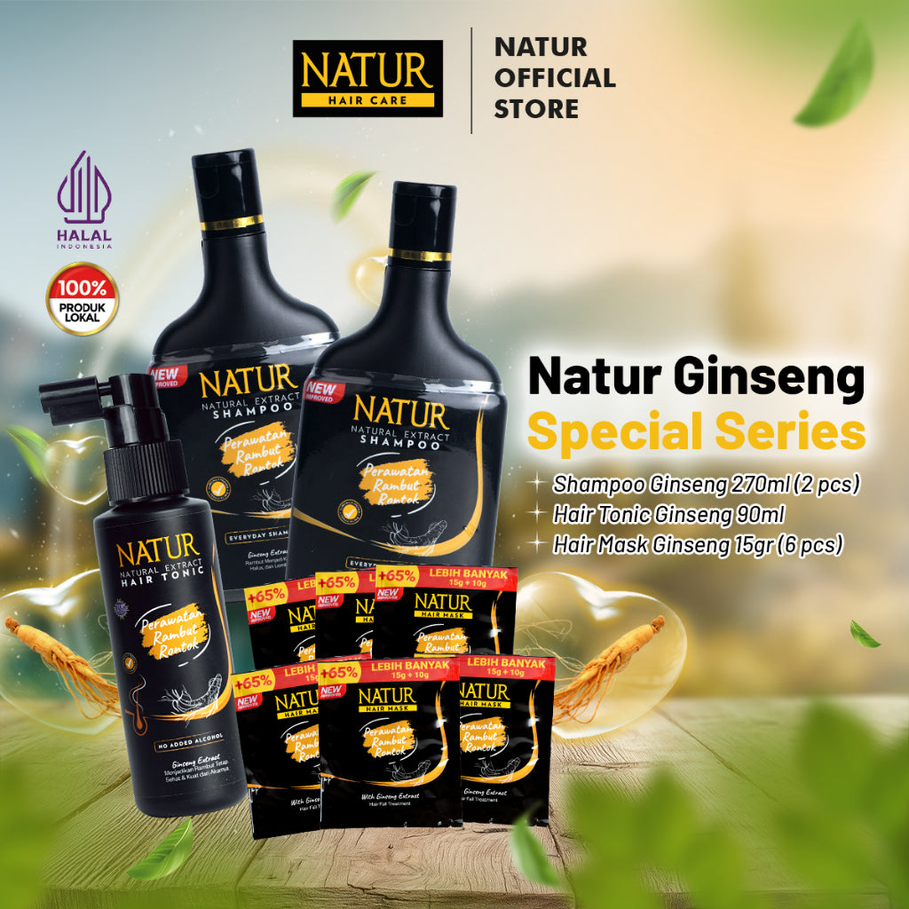 Natur Ginseng Series Spesial (270 ml 2 Pcs, Tonik Ginseng 1 Pcs, H. Mask Ginseng 6 Pcs) - Paket Rambut Rontok / Anti Hair Fall / Menguatkan Akar Rambut