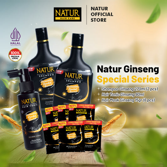 Natur Ginseng Series Spesial (270 ml 2 Pcs, Tonik Ginseng 1 Pcs, H. Mask Ginseng 6 Pcs) - Paket Rambut Rontok / Anti Hair Fall / Menguatkan Akar Rambut