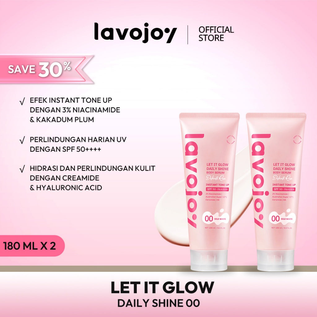 [TONE UP TWINPACK] Lavojoy Let It Glow Daily Shine Body Serum Instant Tone Up Delicate Rose with SPF 50PA++++ | Body Serum untuk Perlindungan Sinar UV | Mencerahkan Seketika & Melembapkan Kulit dengan 3% Niacinamide + Australian Super VC + Ceramide + HA