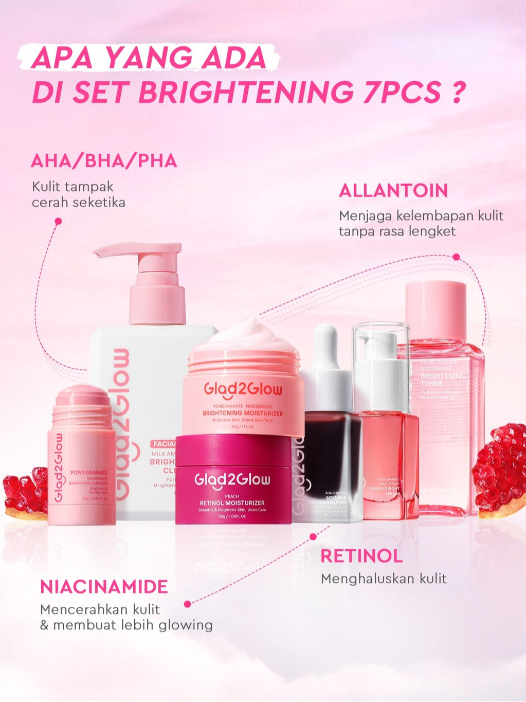 [Cocok Untuk Pemula] Glad2Glow Cerah Glowing Bundle all in 1 7in1-Brightening Moisturizer+Serum+Cleanser+toner+Peeling solution+Retinol 10%Niacinamide skincare paket pembersih perawatan kulit mencerahkan warna kulit pelembab wajah g2glow official store