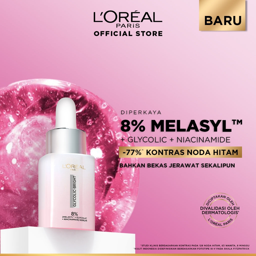 L'Oreal Paris Glycolic Bright 8% [MELASYL + GLYCOLIC + NIACINAMIDE] ANTI-DARK SPOT BRIGHTENING SERUM (Mencerahkan kulit & Menyamarkan Noda hitam bahkan bekas jerawat sekalipun)  Kulit Kusam, Noda Hitam, Bekas Jerawat, Eksfoliasi  Brightening serum