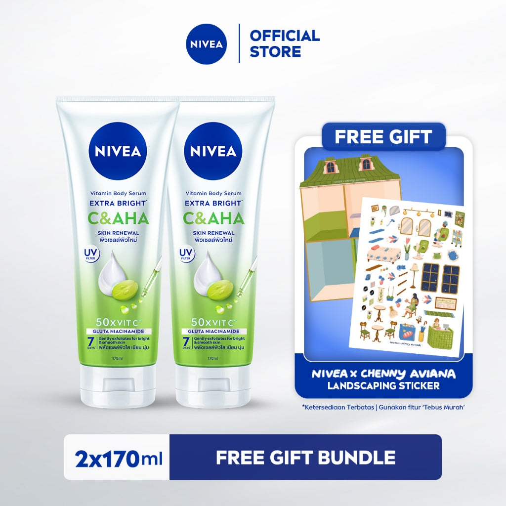 (PAKET HEMAT ISI 2) NIVEA Body Serum Extra Bright C&AHA UV Filter 170ml - Hand body serum lotion eksfoliasi halus gentle exfoliating mencerahkan kulit bening brightening melembabkan kering harian tidak lengket - Vitamin C, Niacinamide, Glutathione, AHA