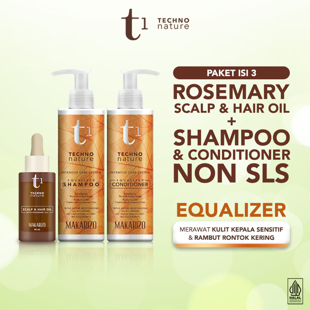 PAKET ISI 3 - Makarizo T1 Techno Nature Equalizer Shampoo & Conditioner 180 mL + Rosemary Scalp & Hair Oil 40mL