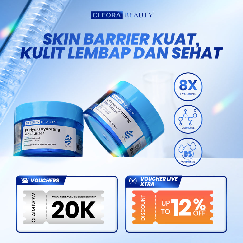 [PAKET HEMAT 2PCS] CLEORA 8x Hyalu Hydrating Moisturizer - Pelembab Muka Kering Dan Mengatasi Kusam Skincare Gel Untuk Mencerahkan Menenangkan Dark Spot Whitening Mosturizer Skin Barrier Calming Brightening Wajah Jerawat Acne Day Cream Pria Wanita BPOM