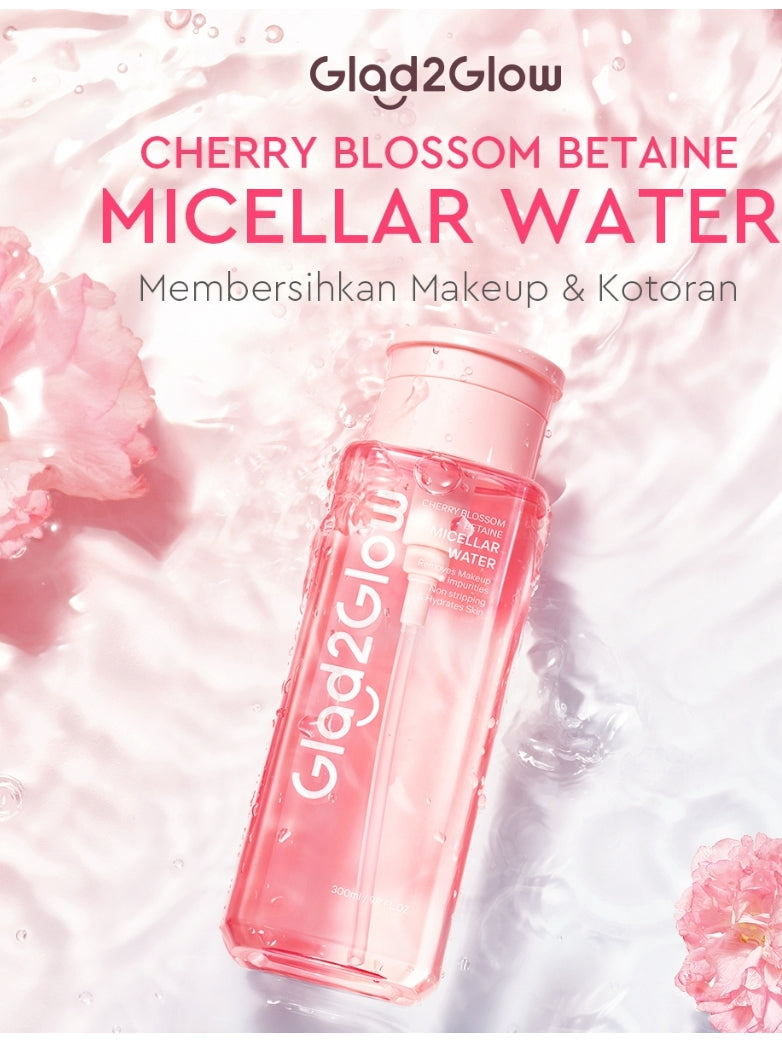 [READY STOCK] Glad2Glow Cherry Blossom Micellar Water 300ml Untuk Semua Kulit Lembut cleansing oil Penghapus Makeup Waterproof Hapus Riasan Tahan Air dengan Centella dan Tanpa Iritasi untuk Kulit Sensitif dan Berjerawat g2glow official store