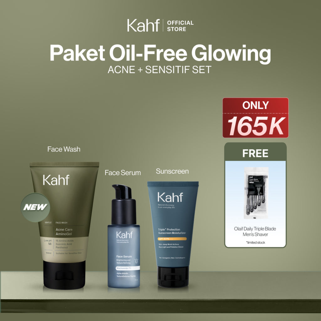 [SPECIAL KAHF DECODE : PAKET PERAWATAN KULIT BERMINYAK BERJERAWAT] Paket Oil-Free Glowing (Face Wash + Serum + Sunscreen) - 3in1 Bundle untuk Membantu Kontrol Minyak, Meredakan Jerawat/Kemerahan, dan Tetap Glowing - Suitable for Daily Use