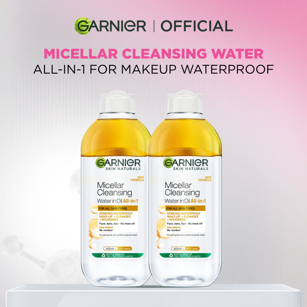 (PAKET HEMAT) Garnier Micellar x2 400ml + Bright Complete Kit - Serum 30 ml + Overnight Serum 30ml + Night Cream 50ml + Day Cream 50ml + Sunscreen