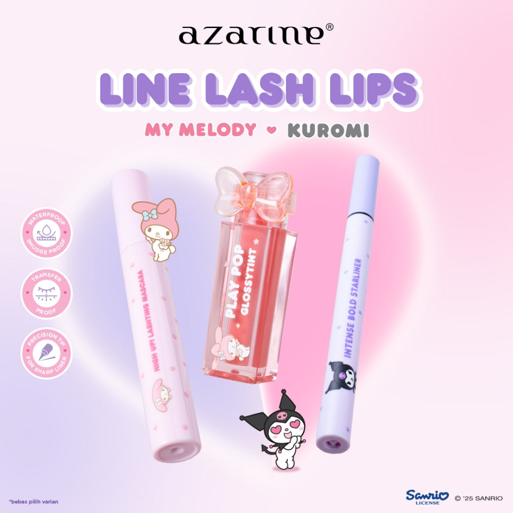 Azarine Line Lash Lips [3 PCS] High Up! Lashting Mascara Dual Finish Lash Lift Effect + Intense Bold Starliner Longlasting Waterproof + Play Pop Glossy Tint Liptint Glossy Tahan Lama