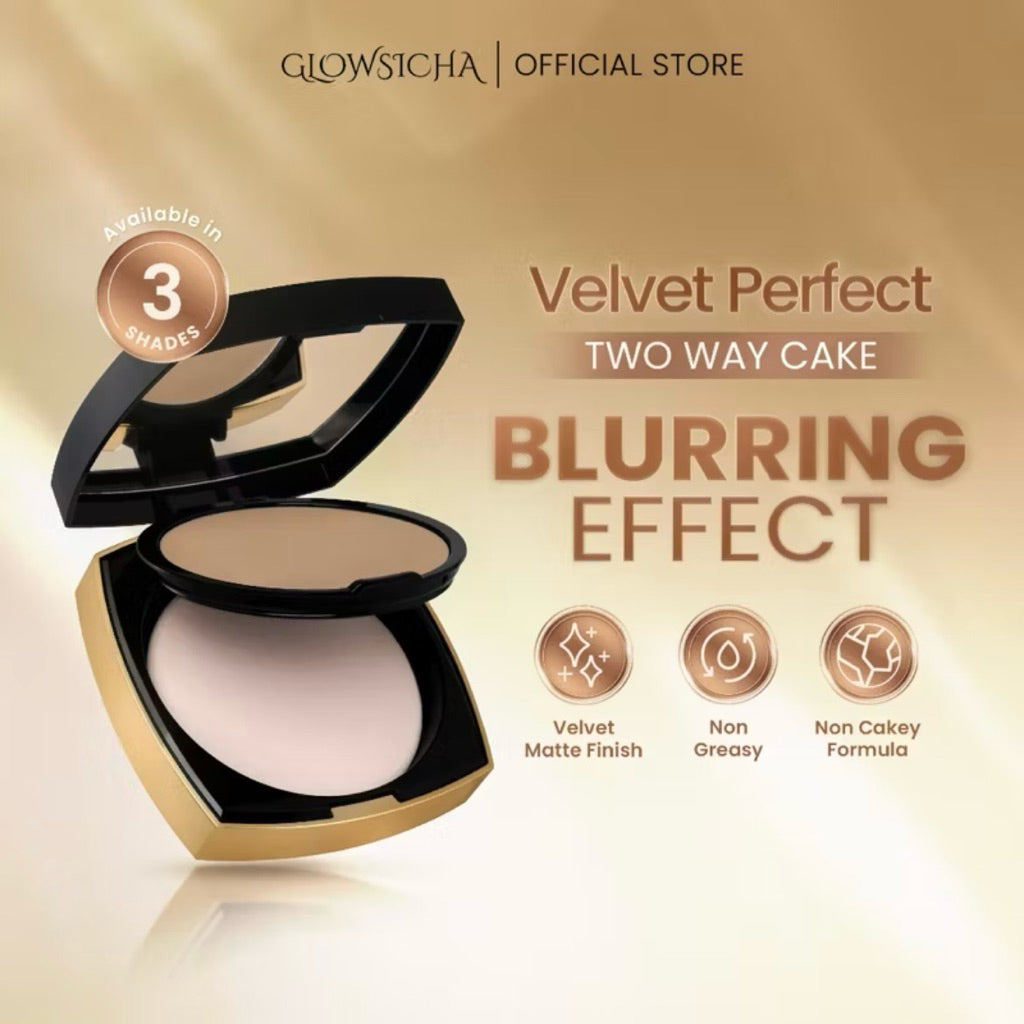 Glowsicha - Velvet Perfect Two Way Cake - Bedak Padat Mencerahkan Menyamarkan Noda Tahan Lama Ringan Glowing Matte Finish Anti Minyak Halus Lembut Cerah Merata Bedak Kulit Berminyak Makeup Harian Compact Powder Foundation