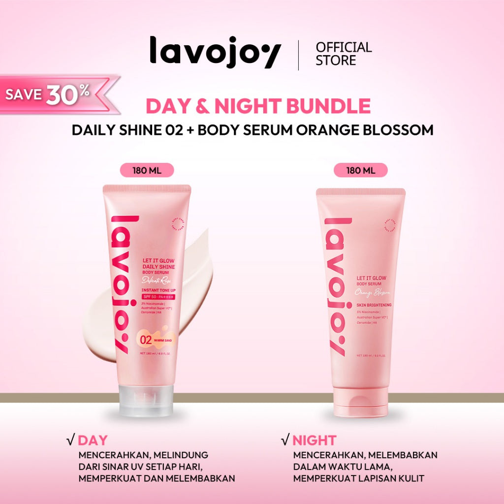 [BUNDLE DAY&NIGHT] Lavojoy Let It Glow Daily Shine Body Serum Instant Tone Up Delicate Rose with SPF 50 PA++++ & Body Serum Skin Brightening | Mencerahkan dan Melembabkan kulit |  Body Serum Siang dan Malam
