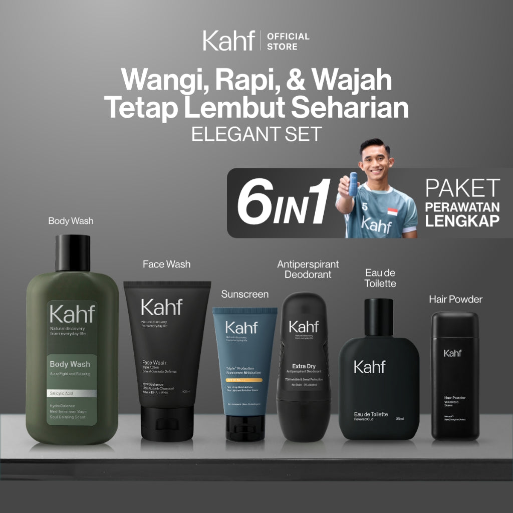 [KAHF BUNDLE 6IN1 PAKET PERAWATAN LENGKAP : WANGI, RAPI, & WAJAH TETAP LEMBUT SEHARIAN] Paket Complete Grooming (Face Wash + Sunscreen Moisturizer + Body Wash + Deodorant + EDT + Pomade/Hair Powder) - Approved by Barber and Suitable for Daily Use