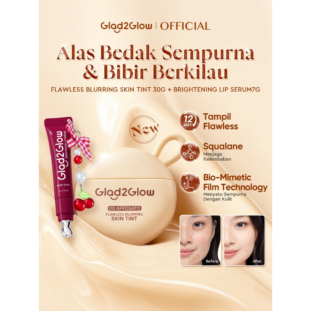 [NEW LAUNCH] Glad2Glow FLAWLESS BLURRING SKIN TINT 30G+ BRIGHTENING LIP SERUM 7g Mencerahkan Melembabkan 3in1 liptint  Foundation Bedak padat Make up Lightweight Coverage Long-lasting 12-Hour Soft-Focus Flawless Skin oil-control g2glow official store
