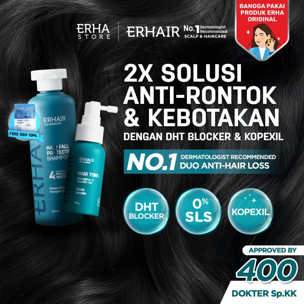 ERHAIR SET ANTI RONTOK (Erhair Hairgrow Shampoo + Hair Tonic 60ml / Upsized Hair Tonic 90ml)