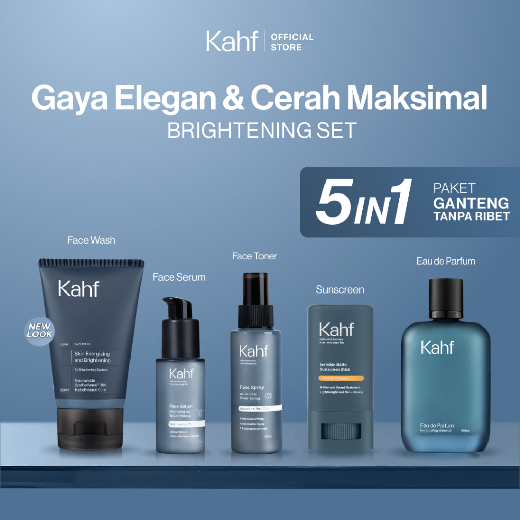 [KAHF BUNDLE 5IN1 PAKET GANTENG TANPA RIBET : GAYA ELEGAN & CERAH MAKSIMAL] Paket Complete Set (Face Wash + Toner + Serum + Sunscreen Stick + Eau de Toilette) - Suitable for Daily Use