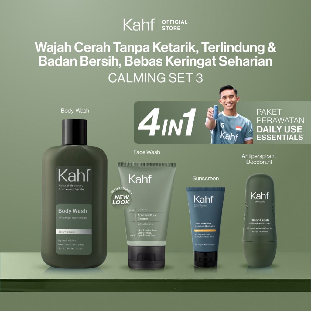 [PAKET CHAMPION RACING CARE - KAHF BUNDLE 4IN1 PAKET PERAWATAN DAILY USE ESSENTIALS : WAJAH CERAH & BADAN ANTI BAU] Paket Personal Care (Face Wash + Sunscreen Moisturizer + Body Wash + Deodorant) - Suitable for Daily Use