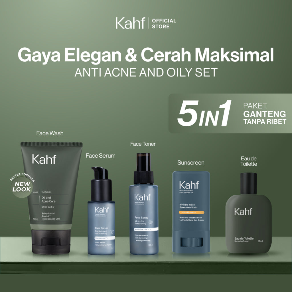 [KAHF BUNDLE 5IN1 PAKET GANTENG TANPA RIBET : GAYA ELEGAN & CERAH MAKSIMAL] Paket Complete Set (Face Wash + Toner + Serum + Sunscreen Stick + Eau de Toilette) - Suitable for Daily Use