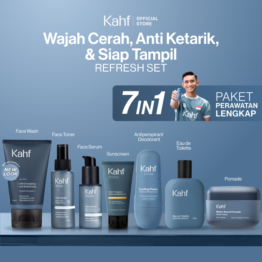 [KAHF BUNDLE 7IN1 PAKET PERAWATAN LENGKAP : WAJAH CERAH, ANTI KETARIK, & SIAP TAMPIL] Paket Complete Grooming (Face Wash + Toner + Serum + Sunscreen Moisturizer + Deodorant + EDT + Pomade/Hair Powder) - Approved by Barber and Suitable for Daily Use