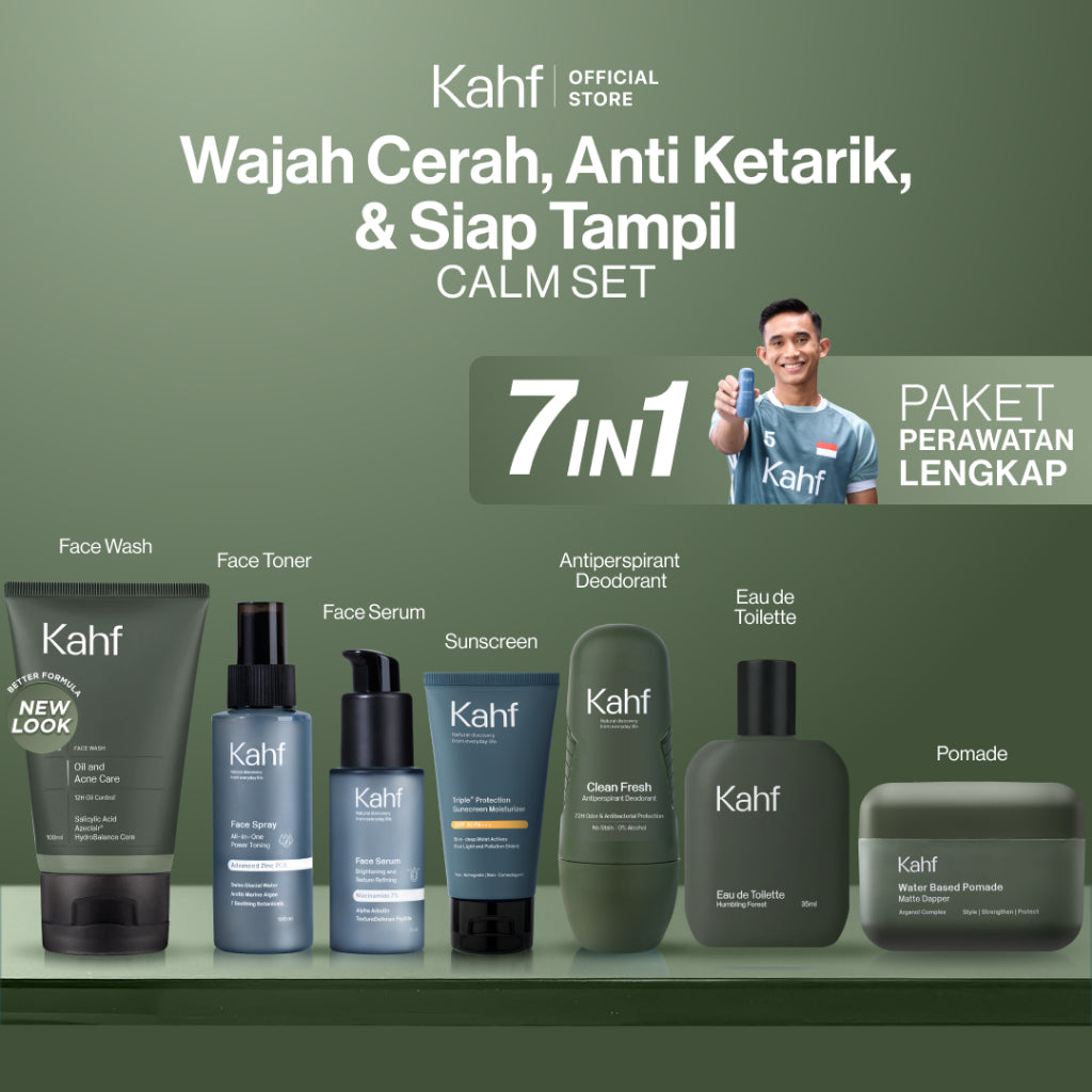 [KAHF BUNDLE 7IN1 PAKET PERAWATAN LENGKAP : WAJAH CERAH, ANTI KETARIK, & SIAP TAMPIL] Paket Complete Grooming (Face Wash + Toner + Serum + Sunscreen Moisturizer + Deodorant + EDT + Pomade/Hair Powder) - Approved by Barber and Suitable for Daily Use