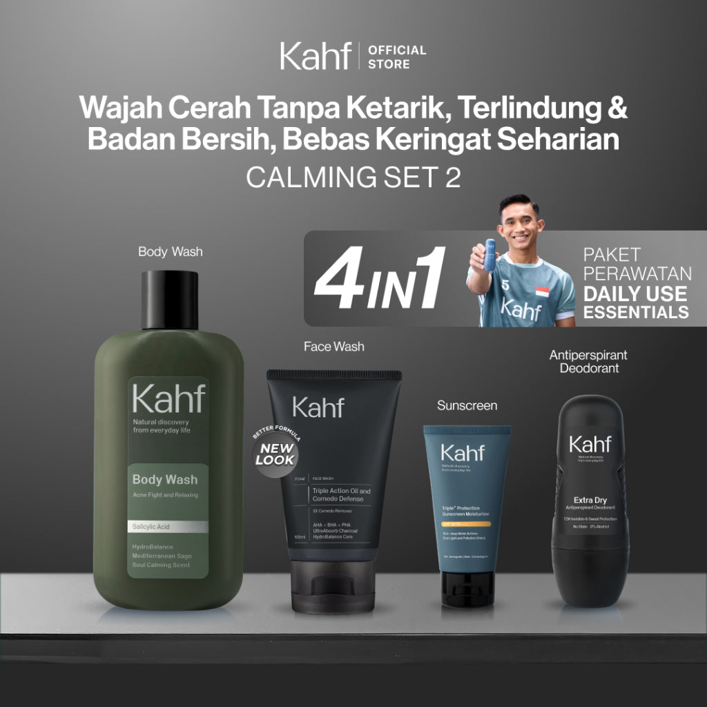 [PAKET CHAMPION RACING CARE - KAHF BUNDLE 4IN1 PAKET PERAWATAN DAILY USE ESSENTIALS : WAJAH CERAH & BADAN ANTI BAU] Paket Personal Care (Face Wash + Sunscreen Moisturizer + Body Wash + Deodorant) - Suitable for Daily Use